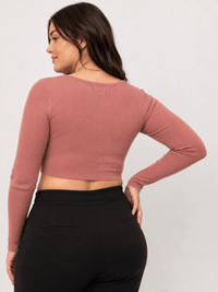 PLUS SIZE LONG SLEEVE BUTTON CLOSURE RIBBED CROP TOP