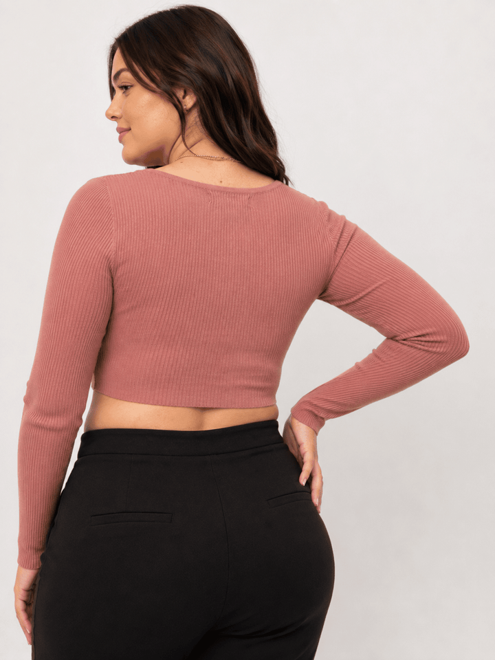 PLUS SIZE LONG SLEEVE BUTTON CLOSURE RIBBED CROP TOP