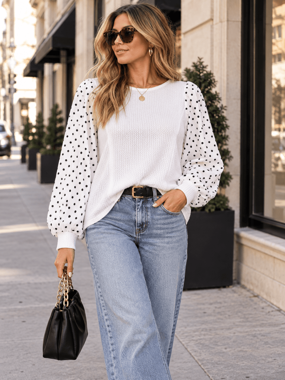 WOMEN'S LONG POLKA DOTS SLEEVE CONTRAST BLOUSE