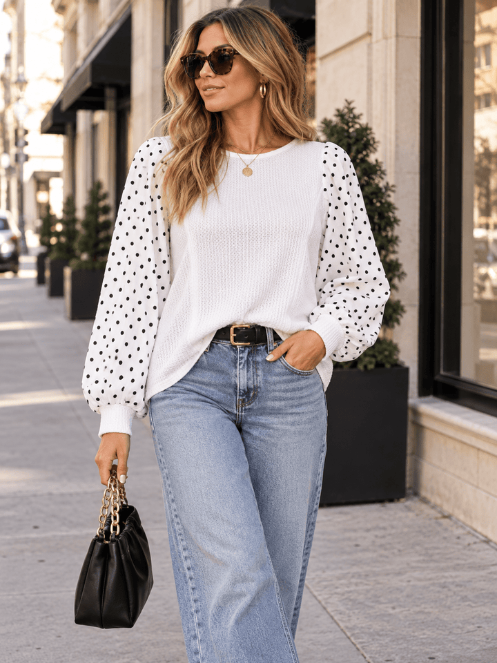 WOMEN'S LONG POLKA DOTS SLEEVE CONTRAST BLOUSE