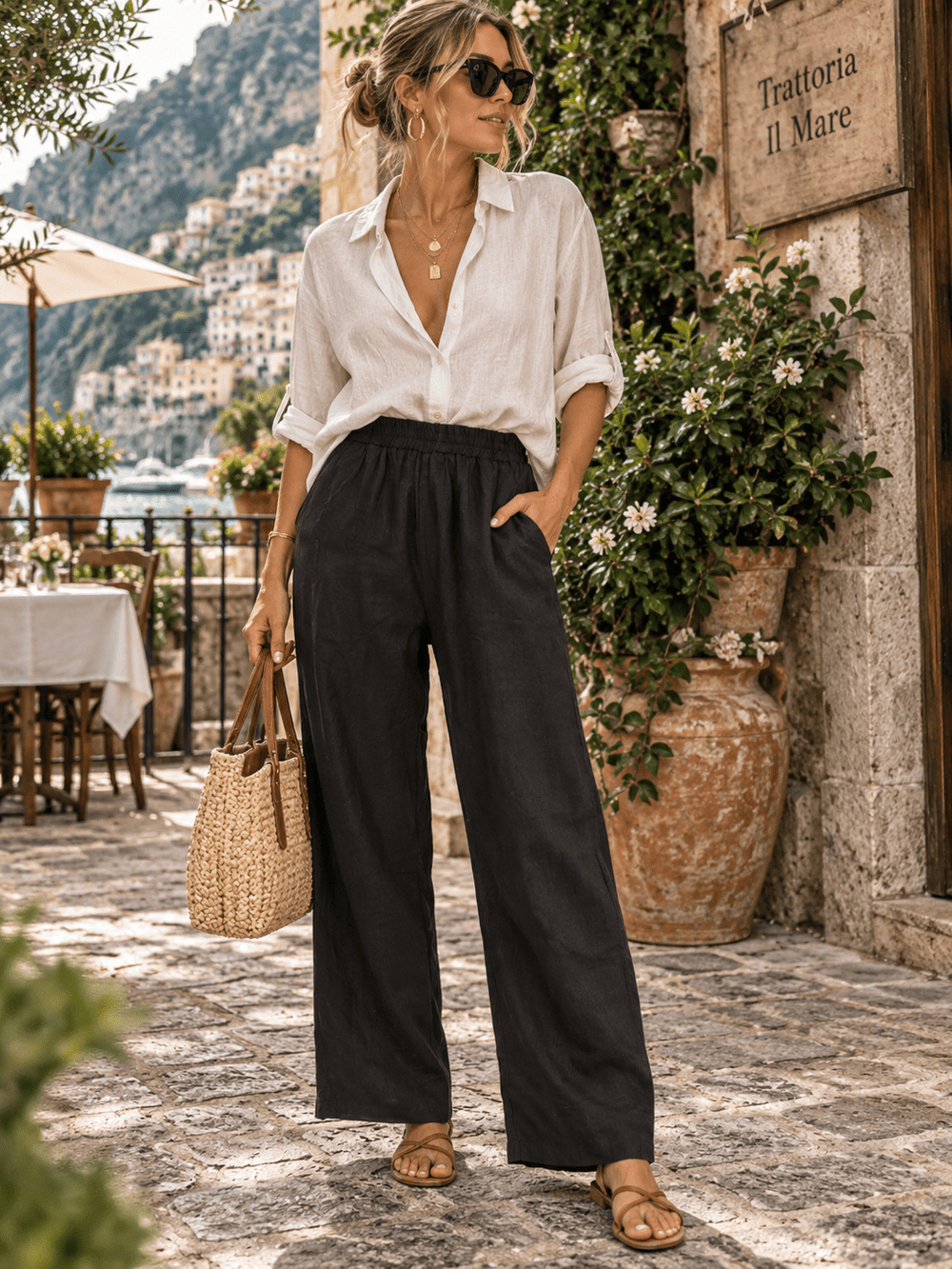 WOMEN'S ELASTIC WAIST FRONT POCKETS WIDE LEG LINEN PANTS