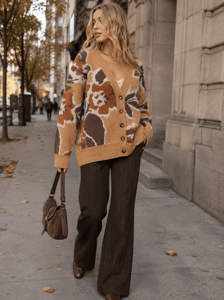 WOMEN'S LONG SLEEVE BUTTON CLOSURE MULTI PRINT CARDIGAN