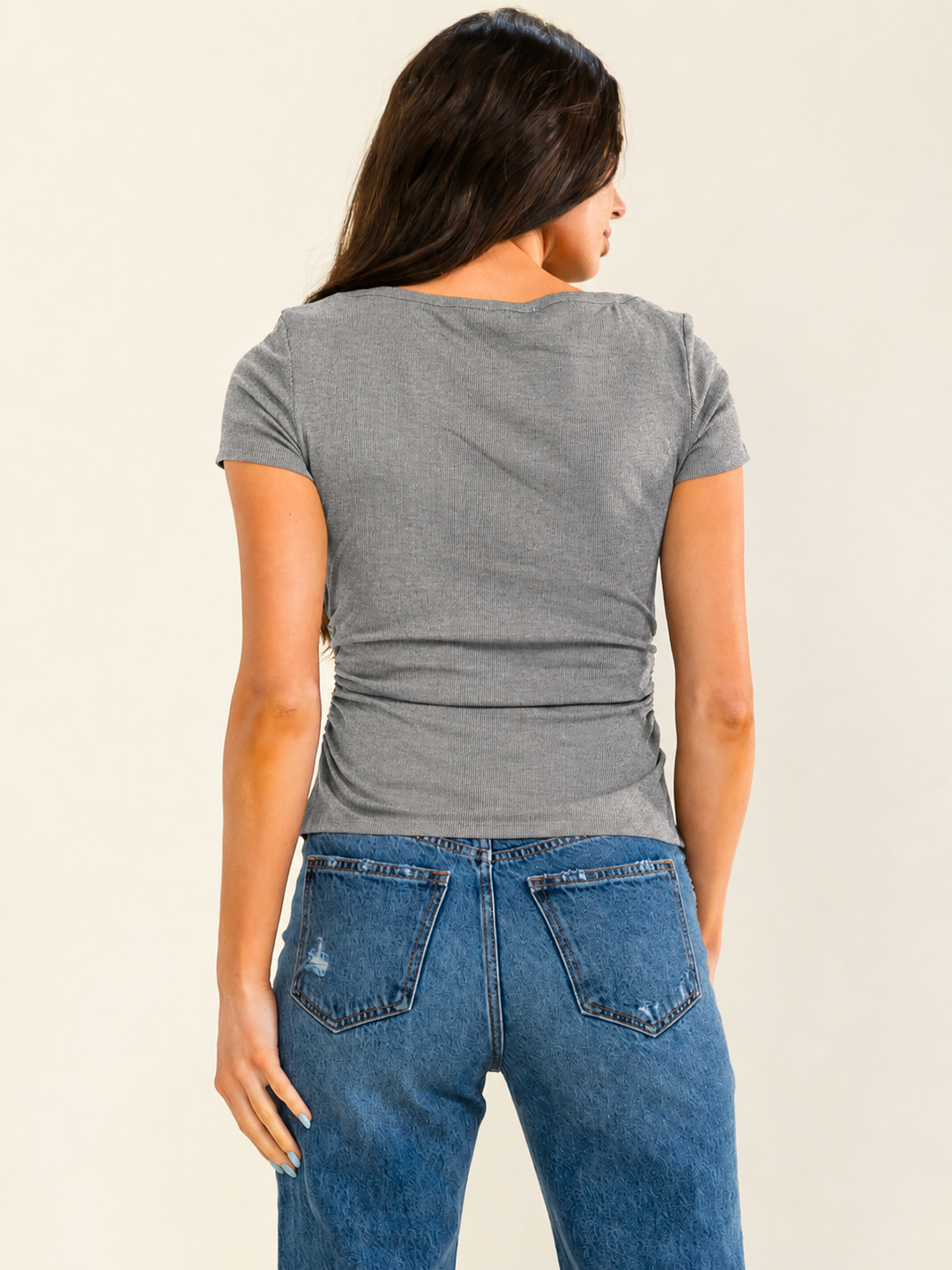 WOMEN'S SHORT SLEEVE SIDE RUCHED BASIC TOP