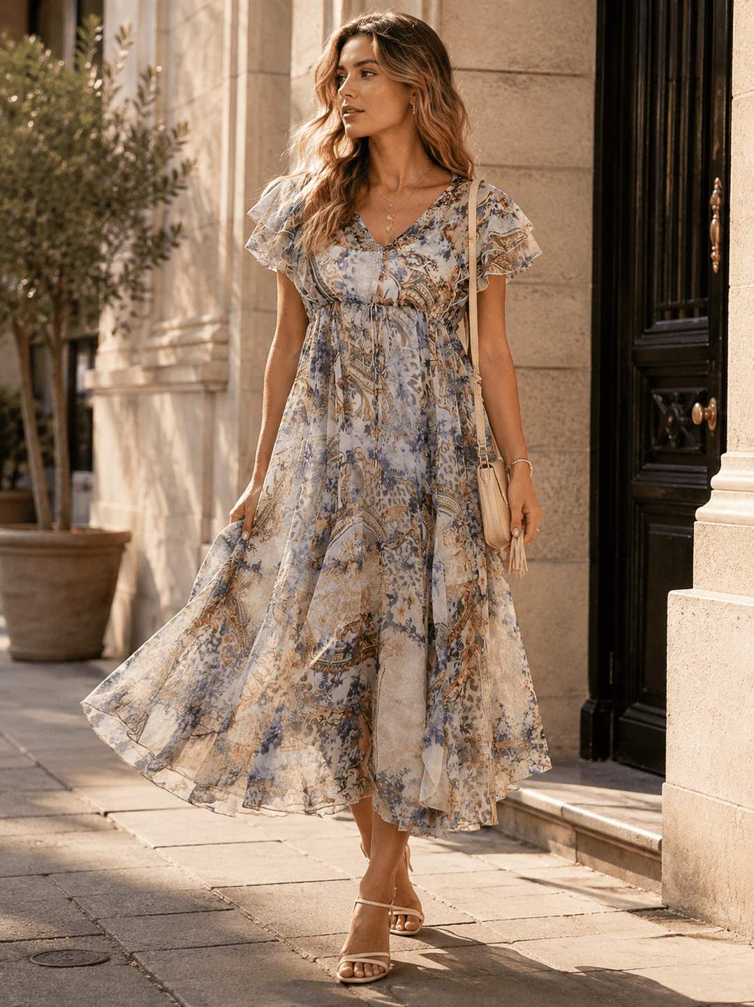 BEULAH WOMEN'S SHORT SLEEVE BUTTON UP MULTI PRINT MAXI DRESS