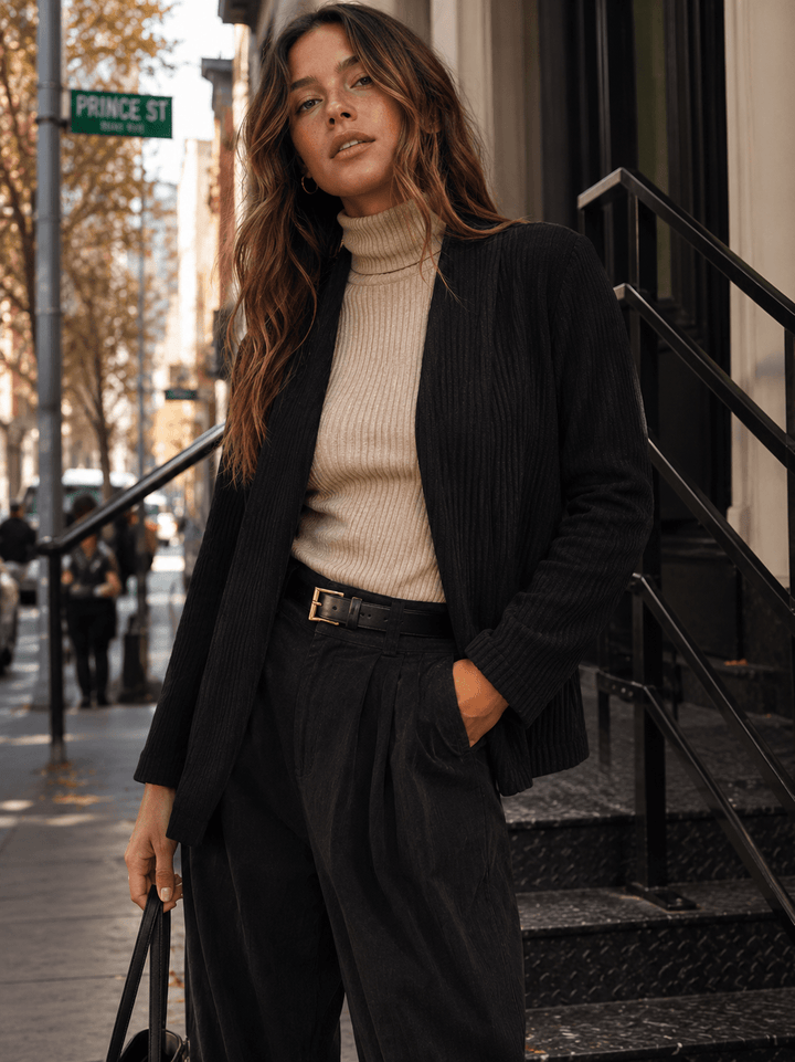 WOMEN'S LONG SLEEVE OPEN FRONT POCKETS RIBBED BLAZER