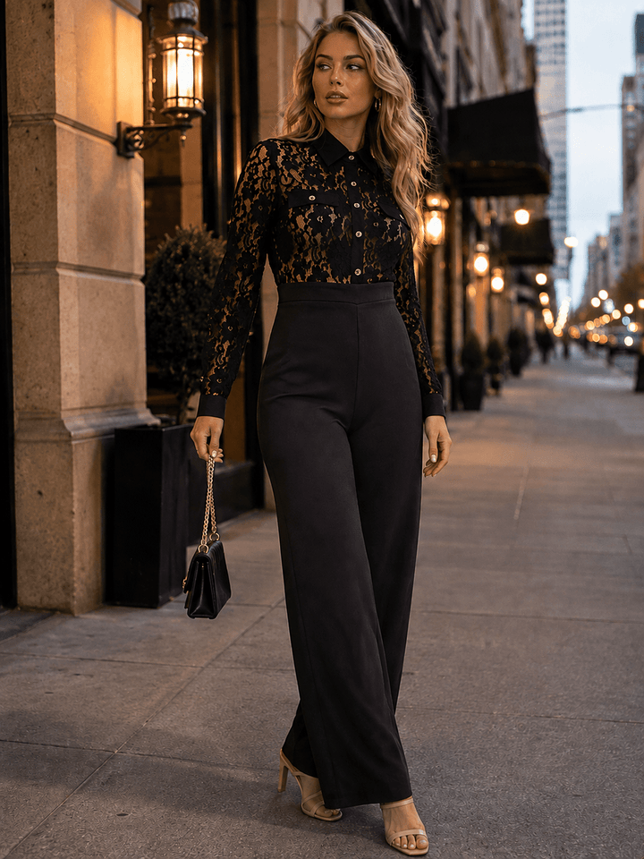 WOMEN'S LONG SLEEVE BUTTON UP LACE CONTRAST WIDE LEG JUMPSUIT