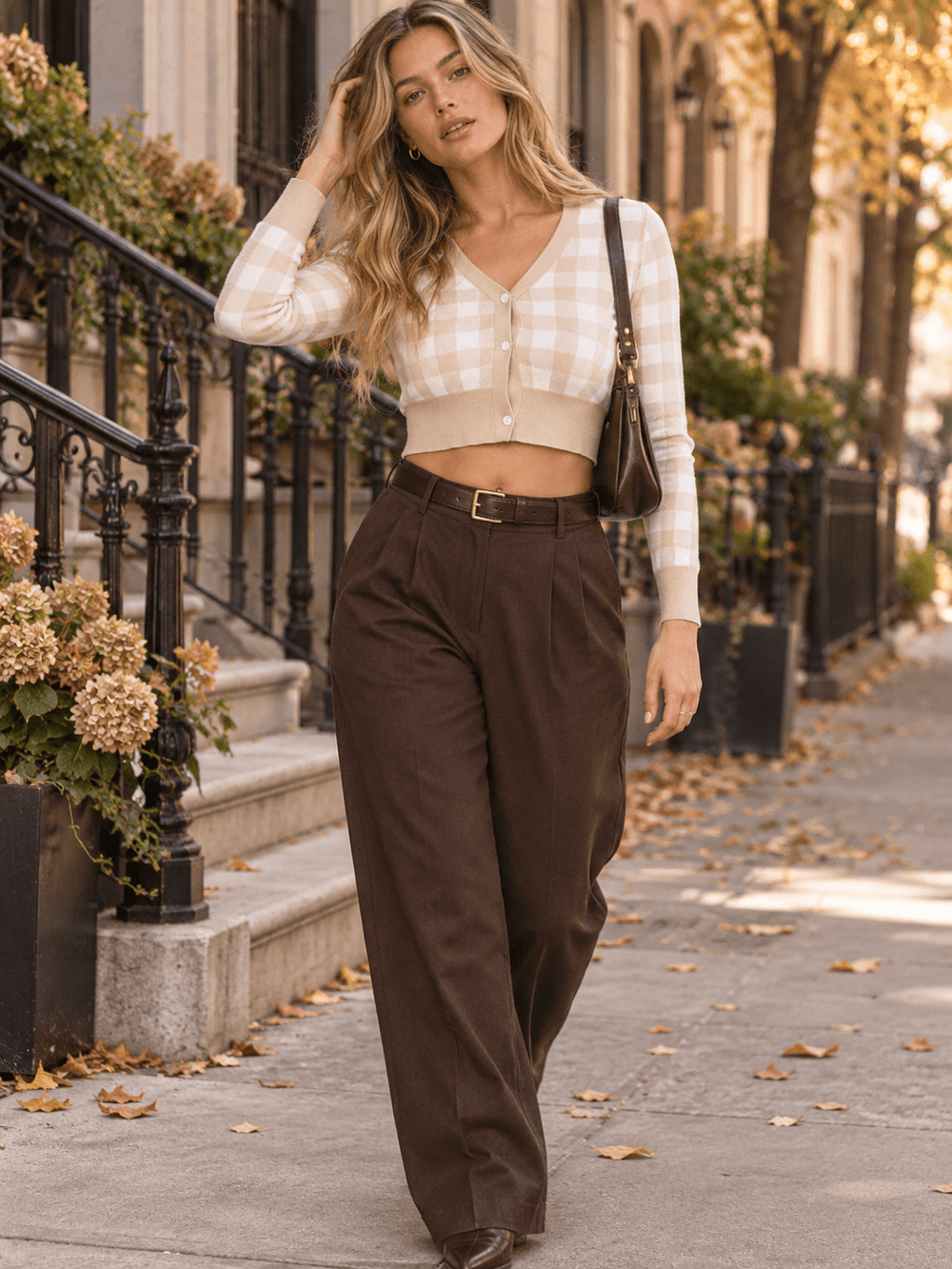 WOMEN'S LONG SLEEVE V-NECK BUTTON UP CROP SWEATER