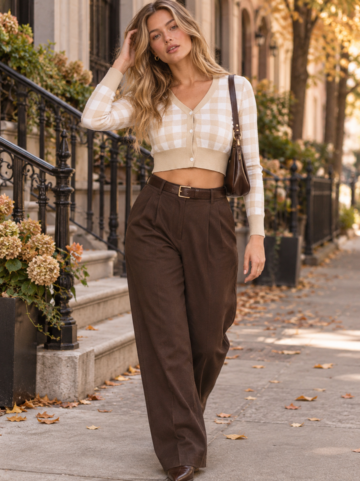 WOMEN'S LONG SLEEVE V-NECK BUTTON UP CROP SWEATER