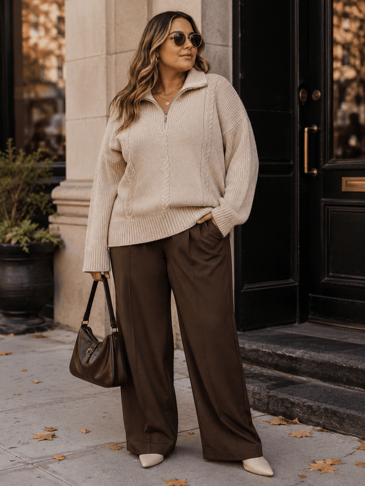 PLUS SIZE LONG SLEEVE ZIP UP PULLOVER SWEATER
