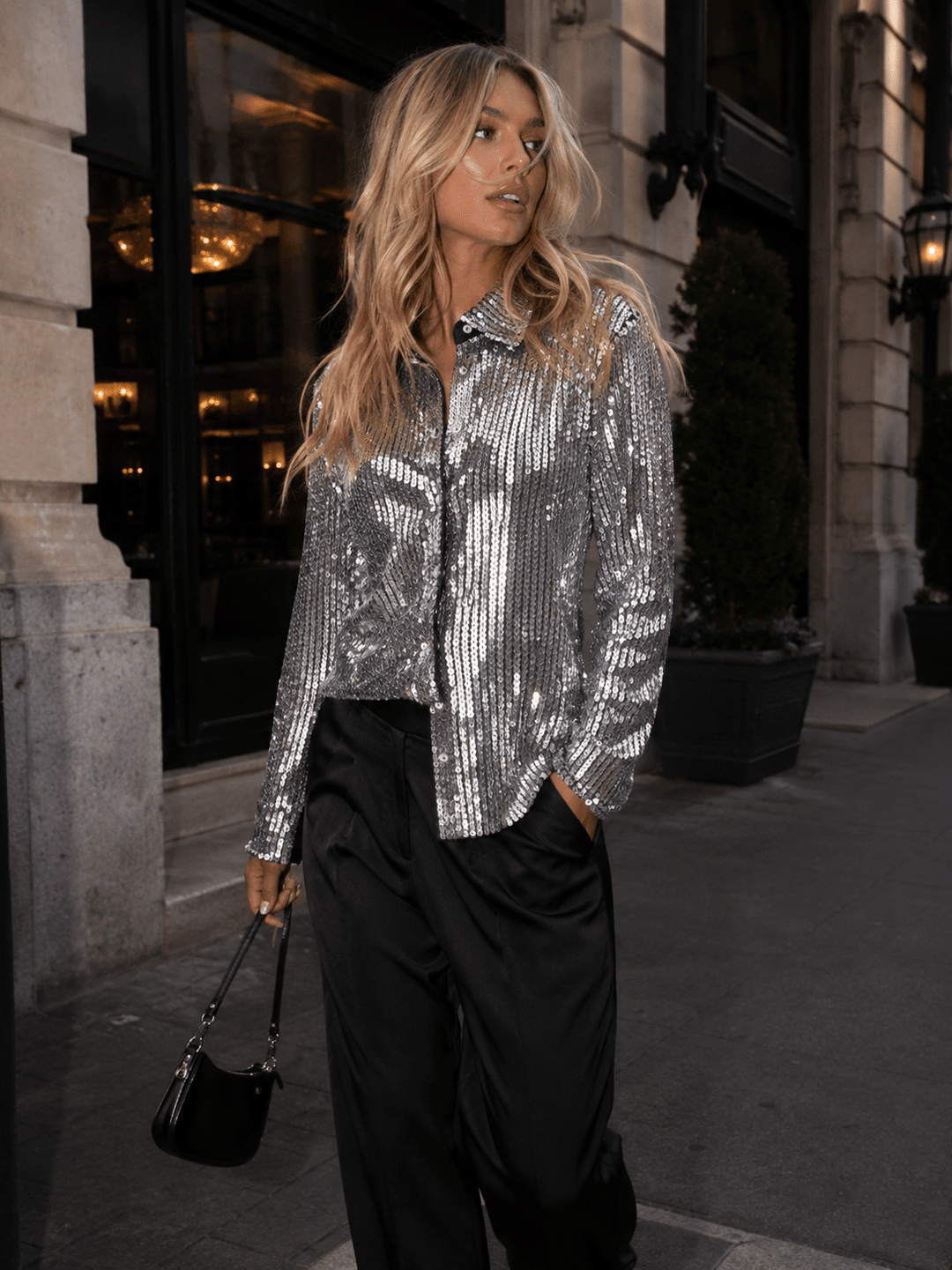 WOMEN'S LONG SLEEVE BUTTON CLOSURE SEQUINS TOP