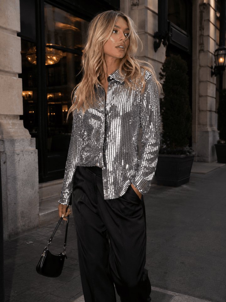 WOMEN'S LONG SLEEVE BUTTON CLOSURE SEQUINS TOP