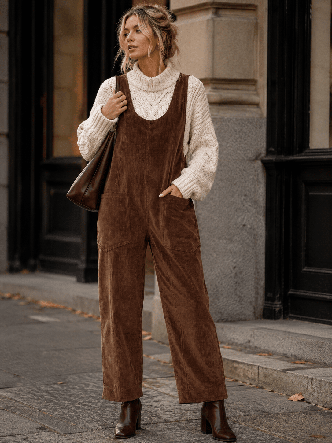 WOMEN'S SLEEVELESS FRONT POCKETS WIDE LEG CORDUROY JUMPSUIT