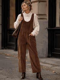 WOMEN'S SLEEVELESS FRONT POCKETS WIDE LEG CORDUROY JUMPSUIT