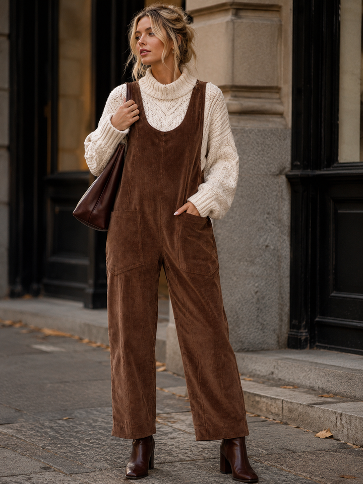 WOMEN'S SLEEVELESS FRONT POCKETS WIDE LEG CORDUROY JUMPSUIT