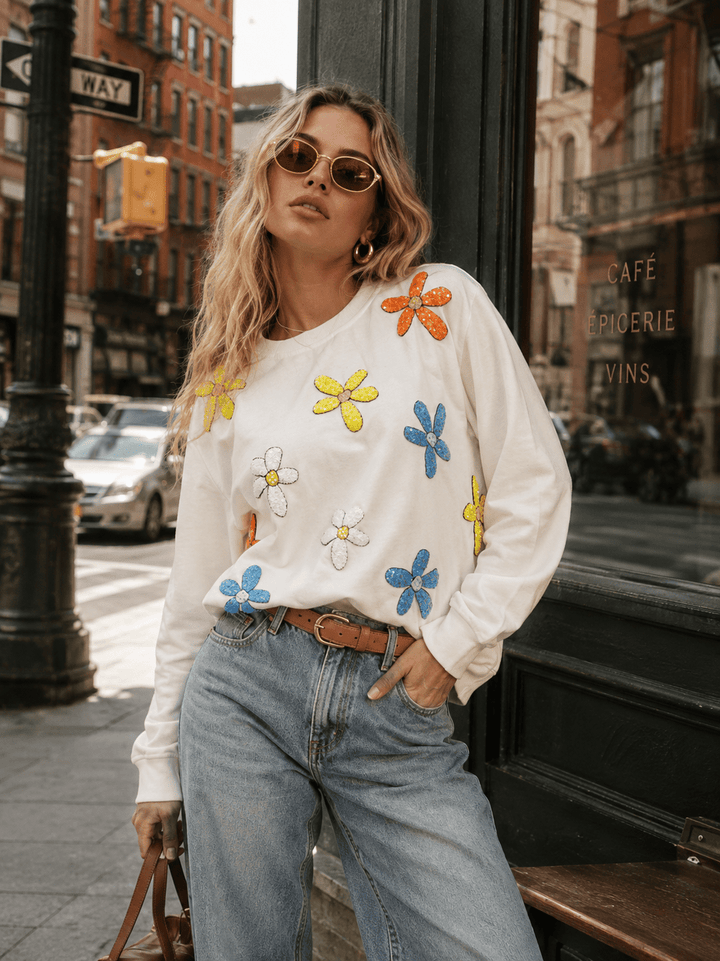 WOMEN'S LONG SLEEVE SEQUINS FLOWERS PULLOVER SWEATERS