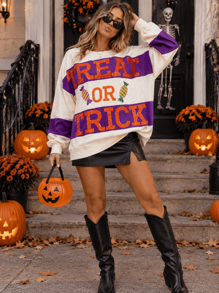 WOMEN'S LONG SLEEVE SEQUINS TREAT OR TRICK PULLOVER SWEATER