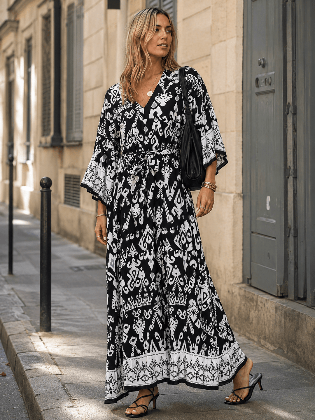 WOMEN'S LONG SLEEVE V-NECK SELF TIE MULTI PRINT MAXI DRESS