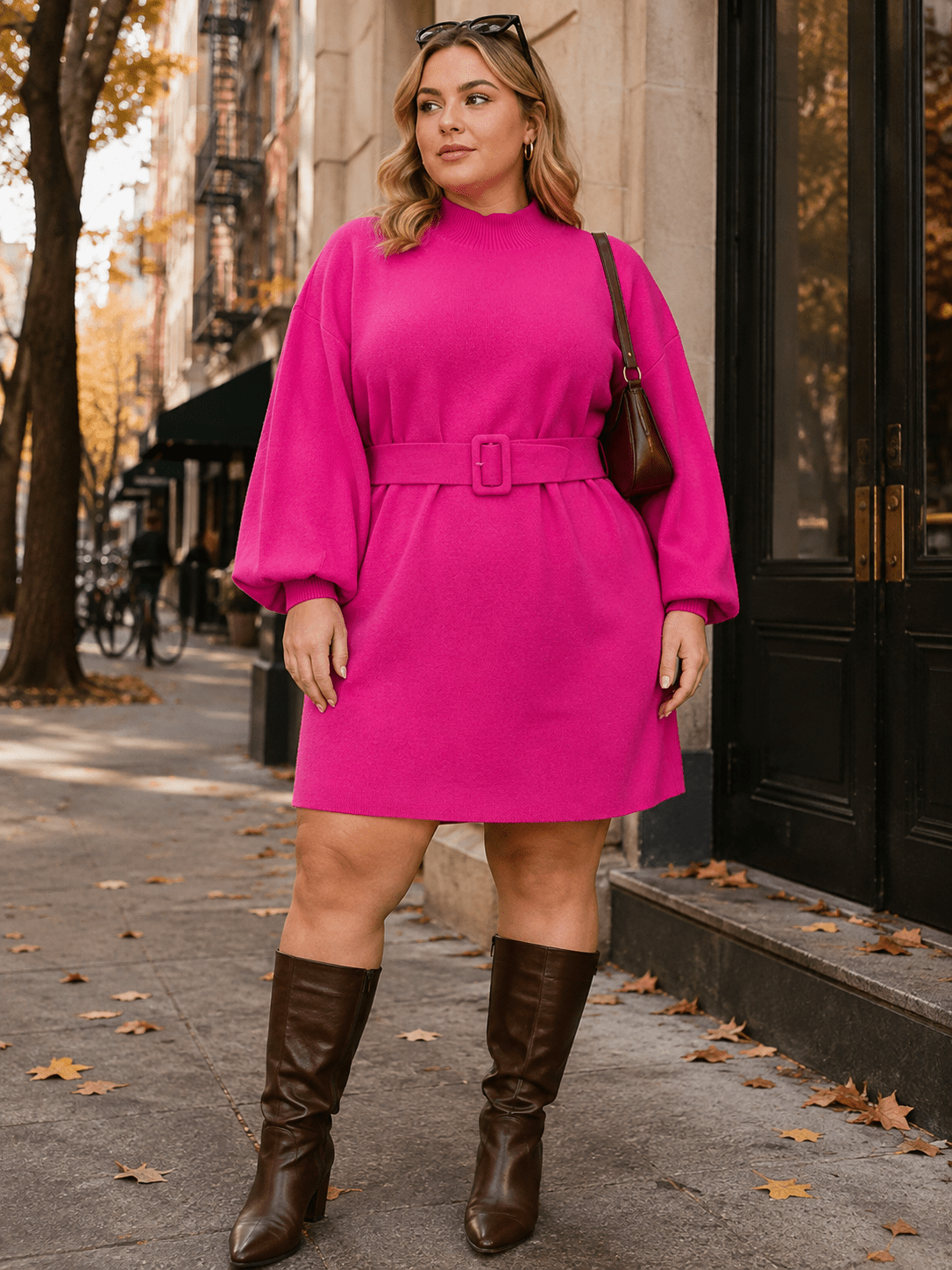 PLUS SIZE LONG SLEEVE BELTED SWEATER MINI DRESS