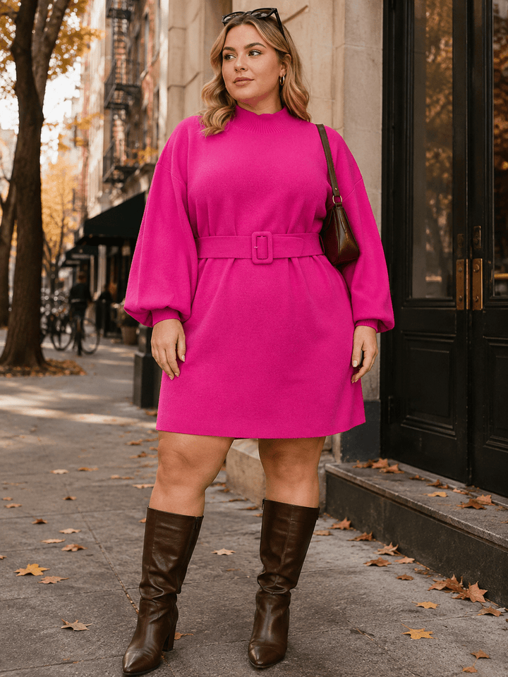 PLUS SIZE LONG SLEEVE BELTED SWEATER MINI DRESS