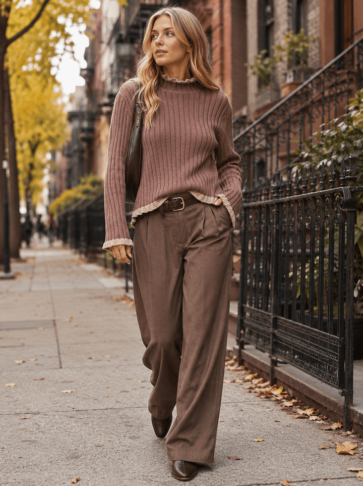 WOMEN'S LONG SLEEVE MOCK NECK RIBBED SWEATER TOP