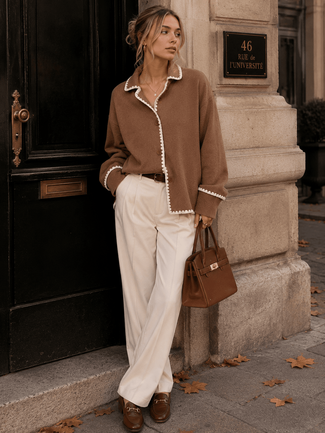 WOMEN'S LONG SLEEVE BUTTON CLOSURE TRIM DETAILED SWEATER