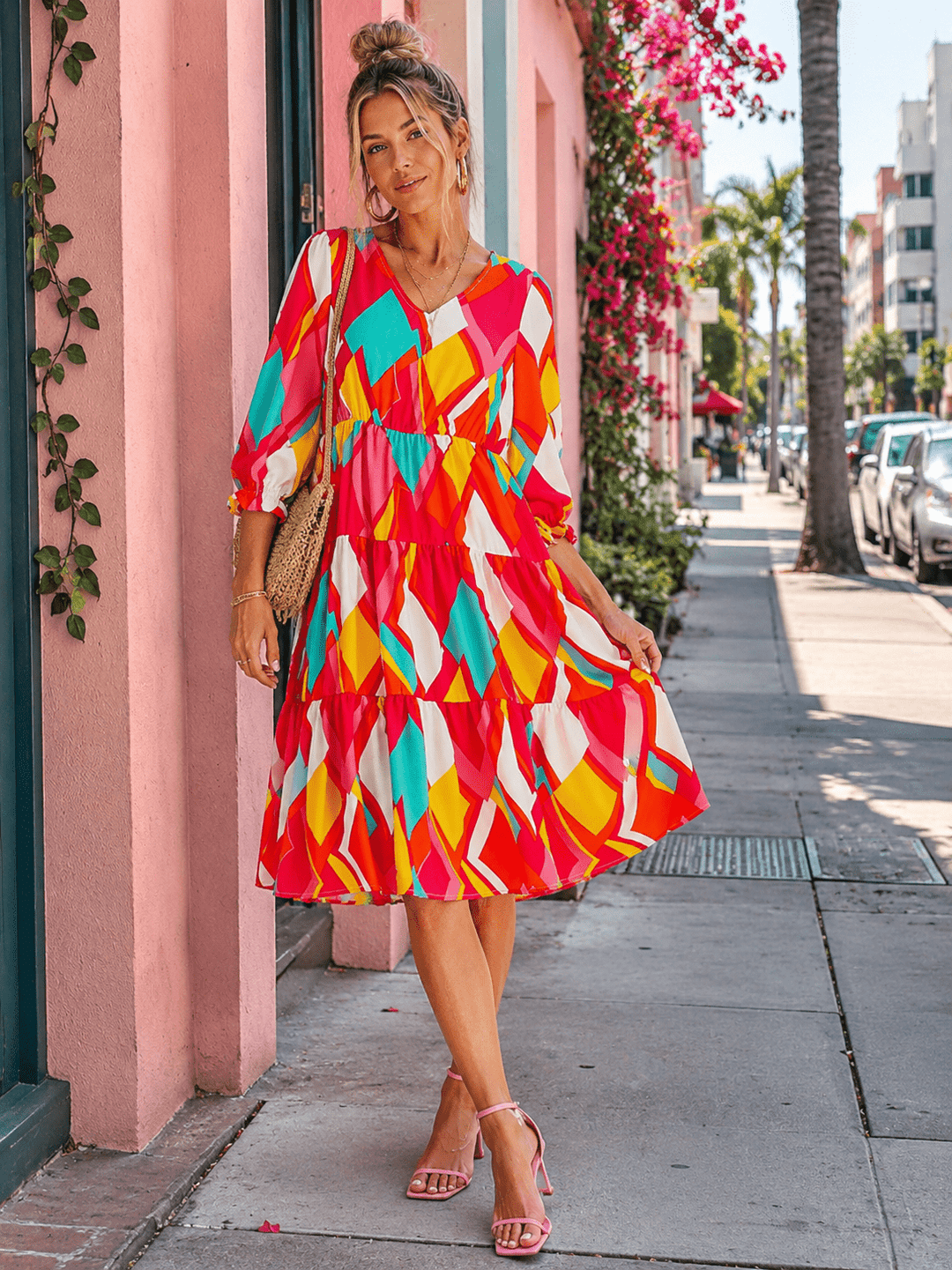 WOMEN'S 3/4 SLEEVE V-NECK ELASTIC WAIST MULTI PRINT MIDI DRESS