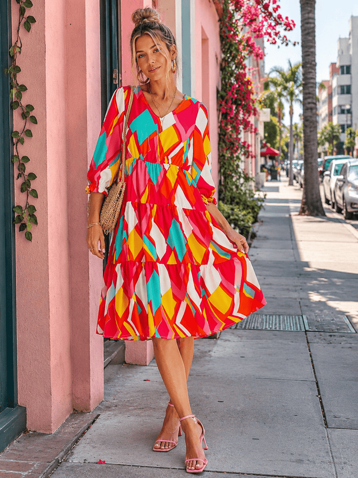 WOMEN'S 3/4 SLEEVE V-NECK ELASTIC WAIST MULTI PRINT MIDI DRESS