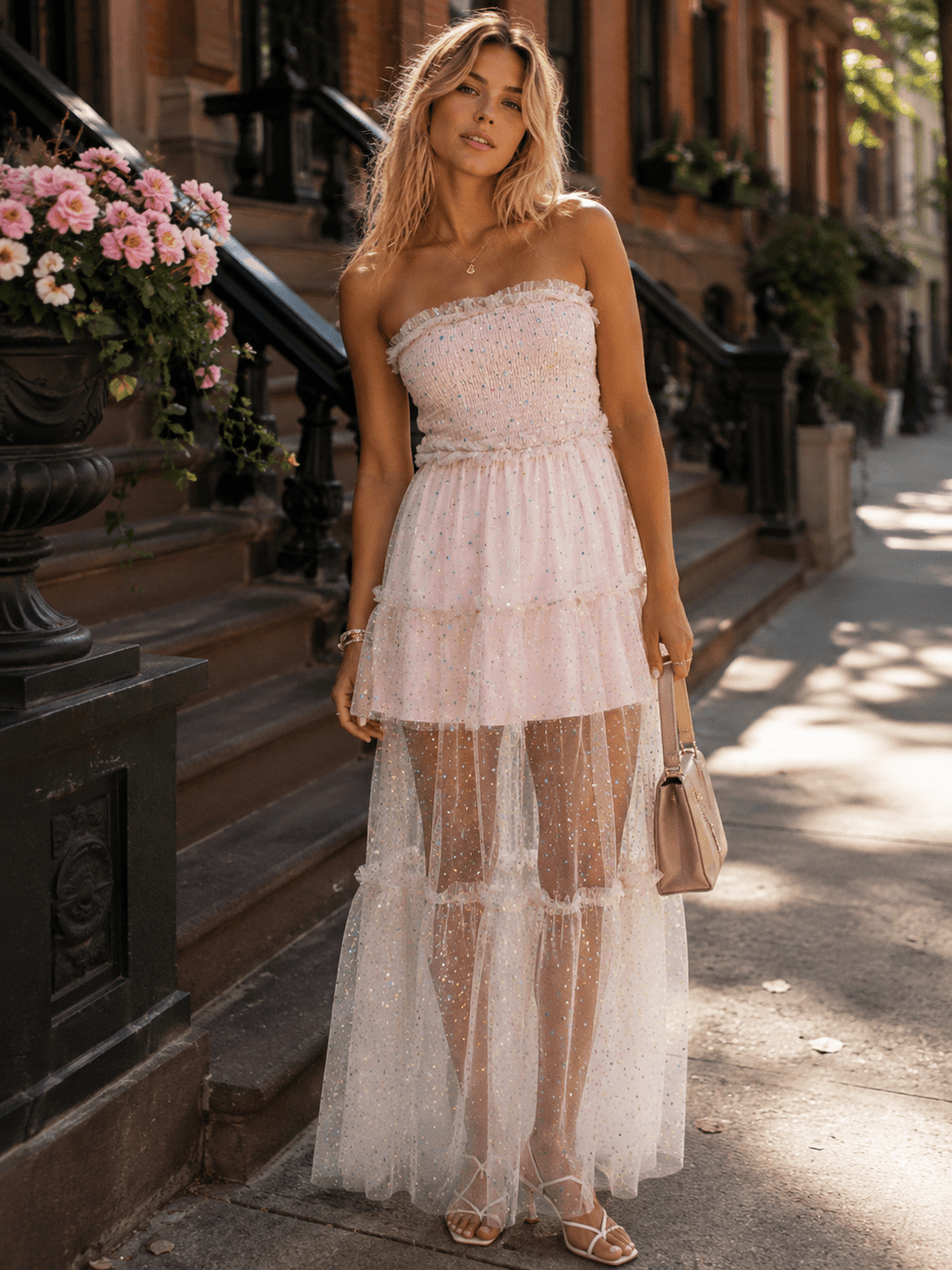 WOMEN'S SLEEVELESS SMOCK TIERED RUFFLE SEQUINS TUBE MAXI DRESS