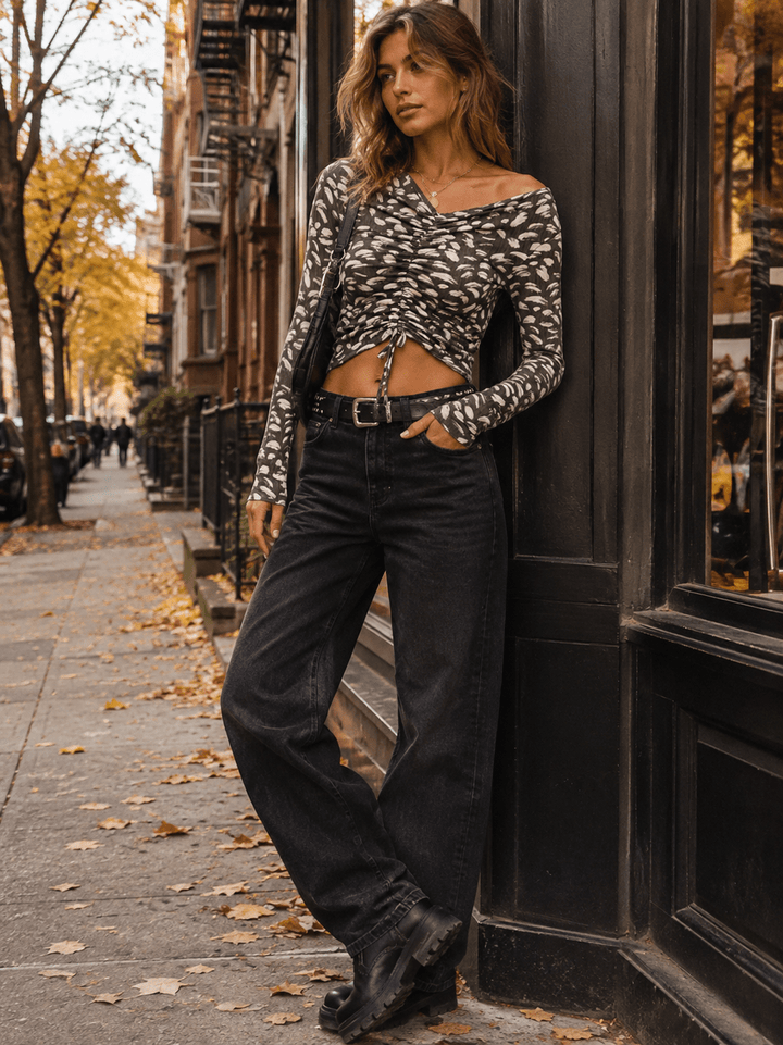 ENTRO WOMEN'S LONG SLEEVE V-NECK RUCHED ANIMAL PRINT TOP