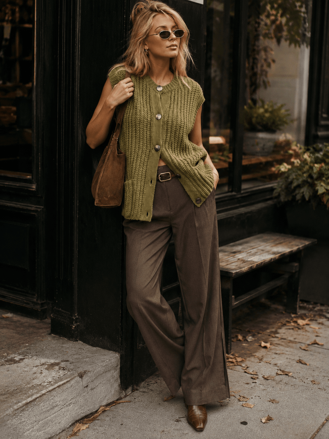 WOMEN'S SLEEVELESS BUTTON CLOSURE FRONT POCKETS SWEATER VEST