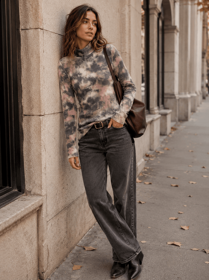 WOMEN'S LONG SLEEVE TURTLE NECK TIE DYE TOP