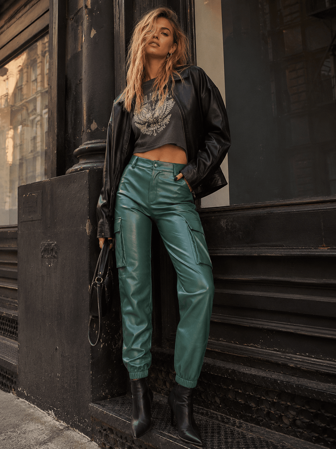 WOMEN'S BUTTON CLOSURE CARGO POCKETS JOGGER PU PLEATHER PANTS