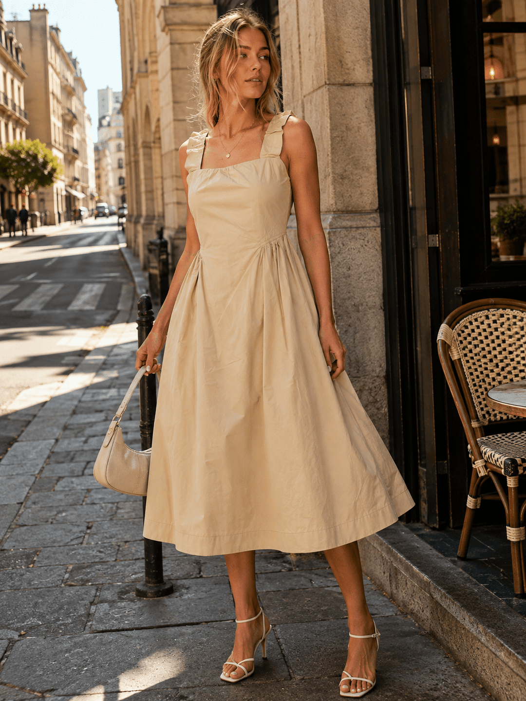 WOMEN'S SLEEVELESS SQUARE NECK FRONT POCKETS FIT & FLARE MAXI DRESS
