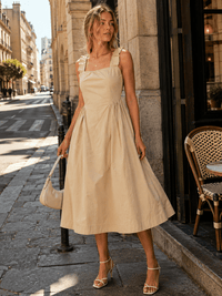 WOMEN'S SLEEVELESS SQUARE NECK FRONT POCKETS FIT & FLARE MAXI DRESS