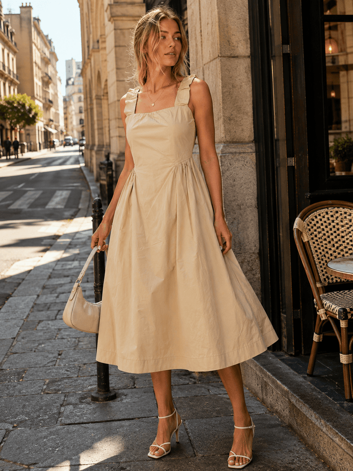 WOMEN'S SLEEVELESS SQUARE NECK FRONT POCKETS FIT & FLARE MAXI DRESS