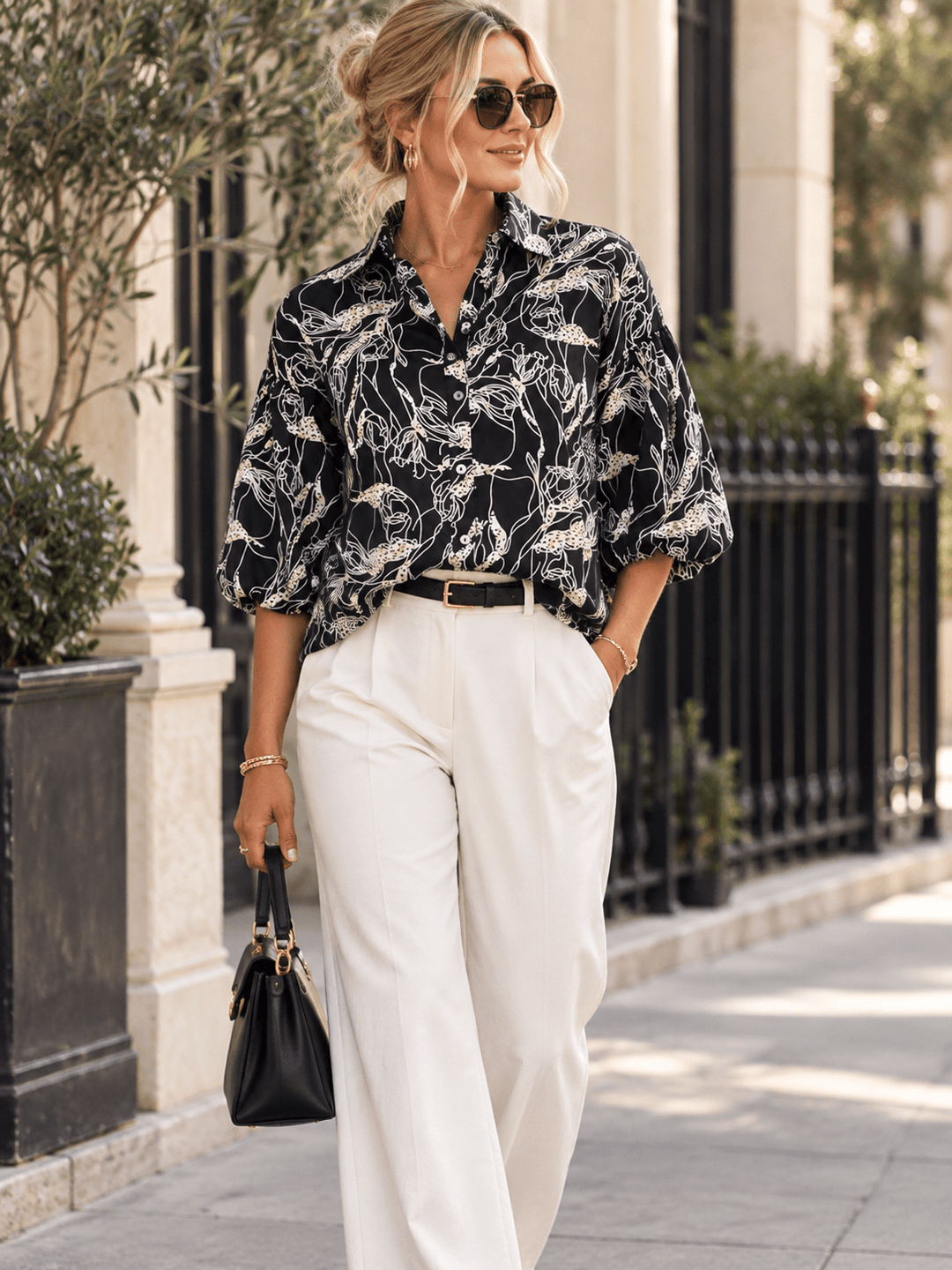 ENTRO WOMEN'S SHORT PUFF SLEEVE BUTTON UP MULTI PRINT BLOUSE