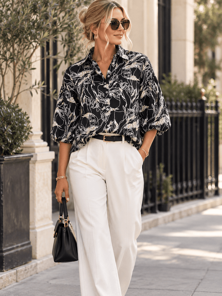 ENTRO WOMEN'S SHORT PUFF SLEEVE BUTTON UP MULTI PRINT BLOUSE