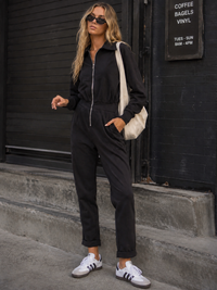 WOMEN'S LONG SLEEVE ZIPPER CLOSUE POCKETS SKINNY LEG JUMPSUIT