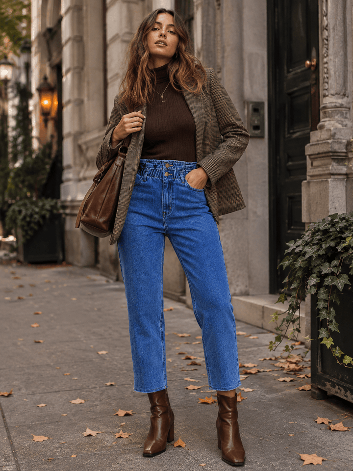WOMEN'S BUTTON CLOSURE ELASTIC WAIST POCKETS STRAIGHT LEG DENIM PANTS