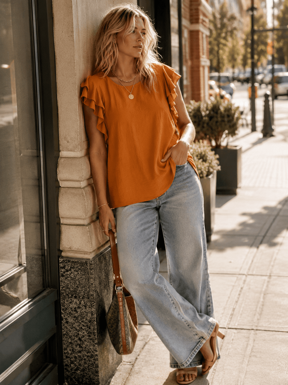 WOMEN'S RUFFLE SLEEVE SOLID LOOSE FIT BLOUSE