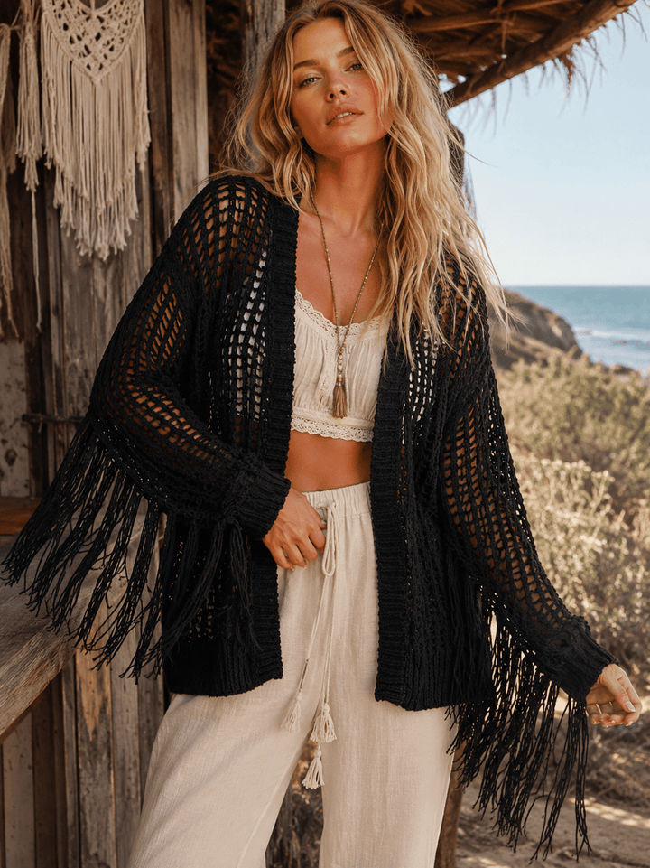 WOMEN'S LONG SLEEVE OPEN FRONT FRINGE KNIT CARDIGAN