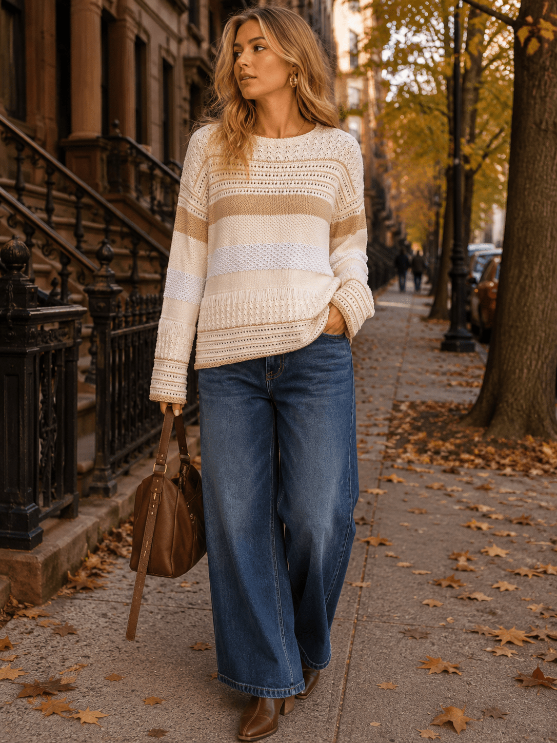 WOMEN'S LONG SLEEVE COLORBLOCK STRIPES PULLOVER SWEATER