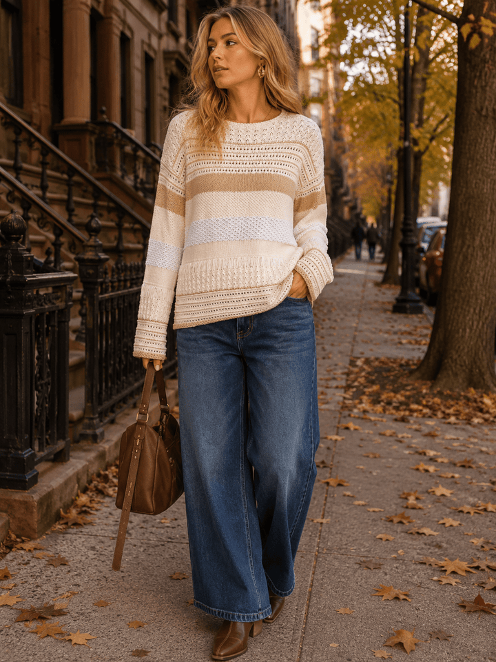 WOMEN'S LONG SLEEVE COLORBLOCK STRIPES PULLOVER SWEATER