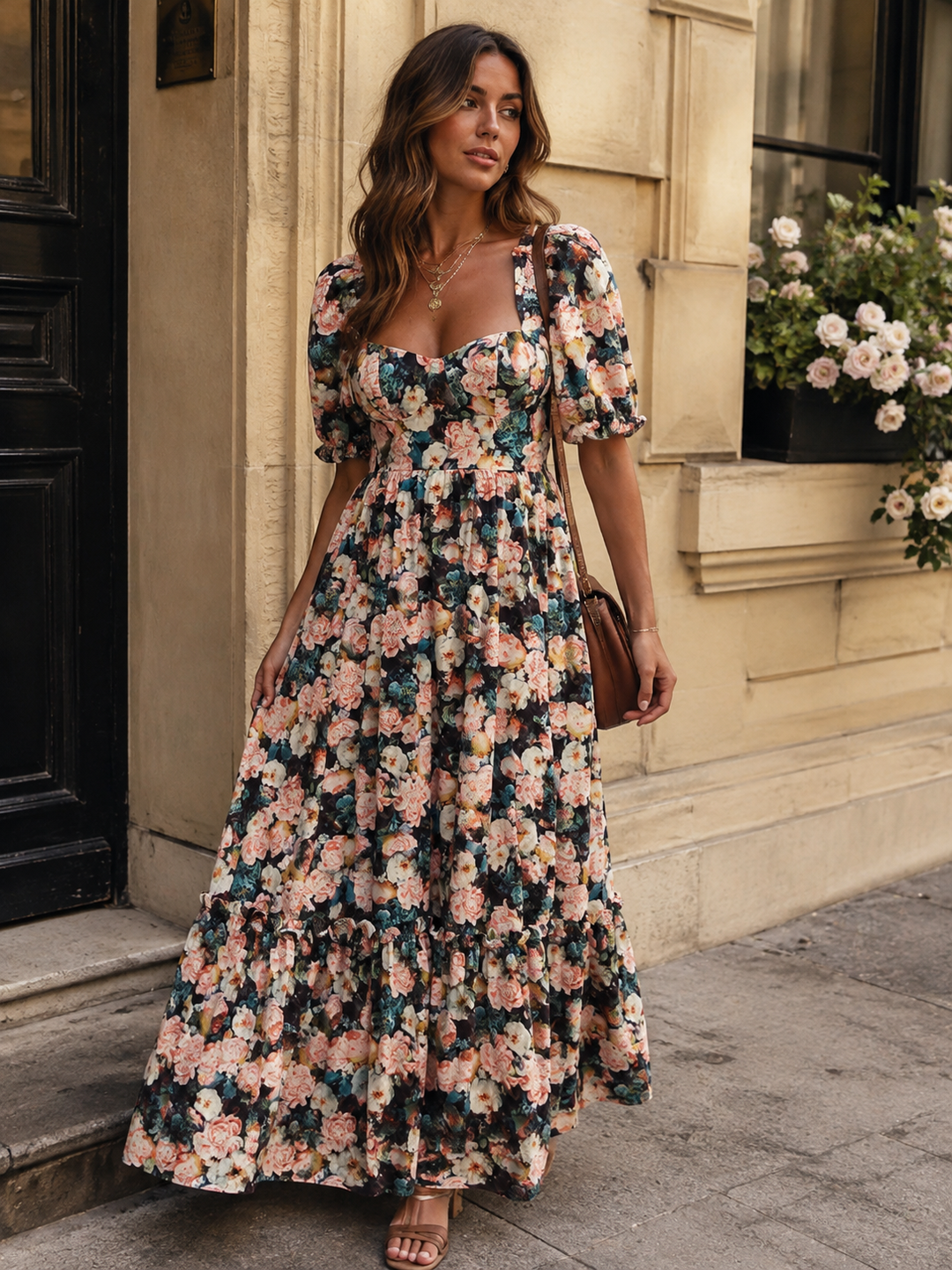 BEULAH WOMEN'S SHORT PUFF SLEEVE FLORAL MAXI DRESS