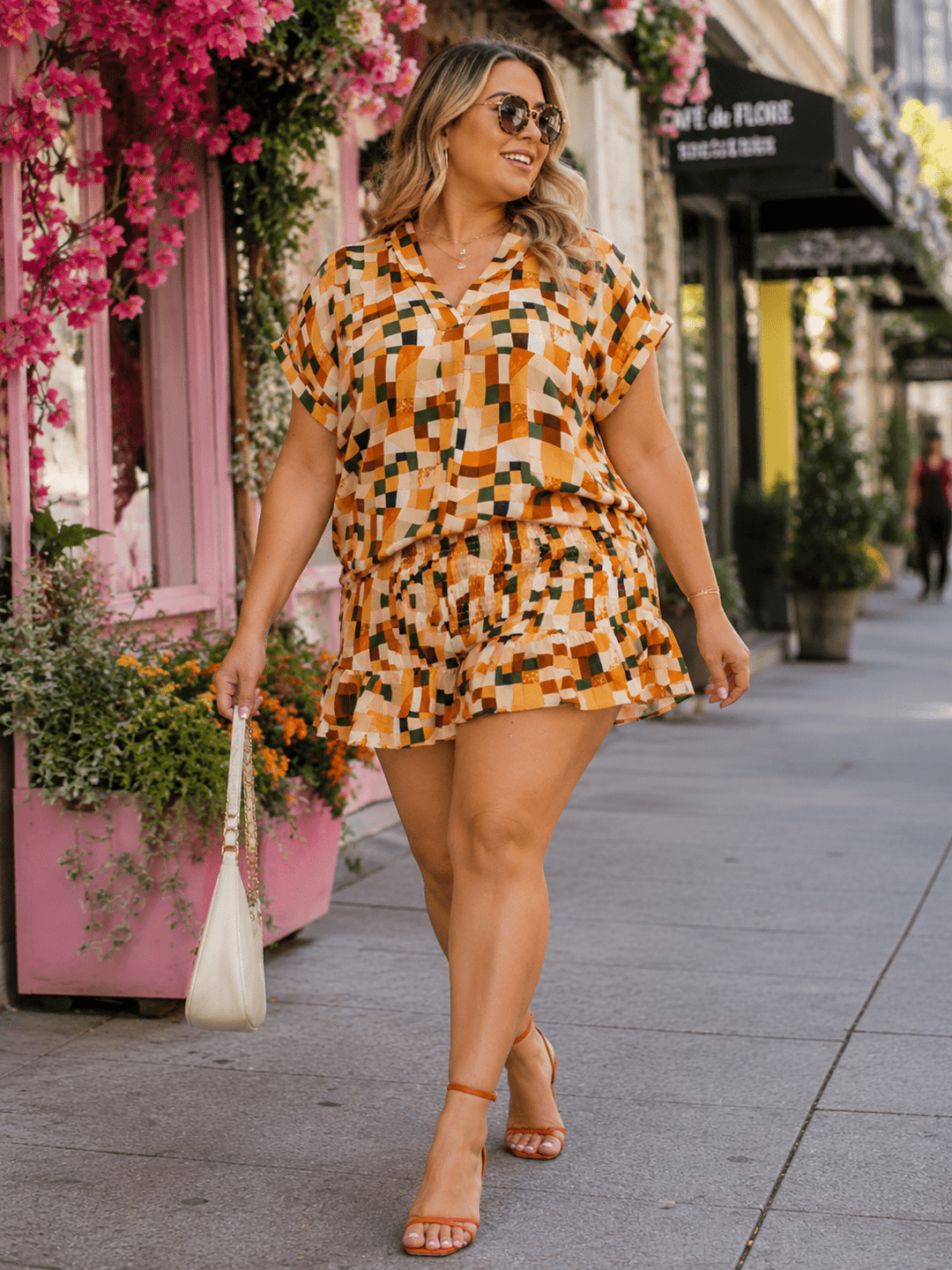 PLUS SIZE SHORT SLEEVE V-NECK BLOUSE & SMOCK WAIST MINI SHORTS MULTI PRINT 2PC. SET