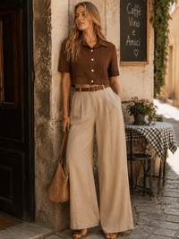 WOMEN'S SHORT SLEEVES BUTTON UP LACE DETAILED BLOUSE