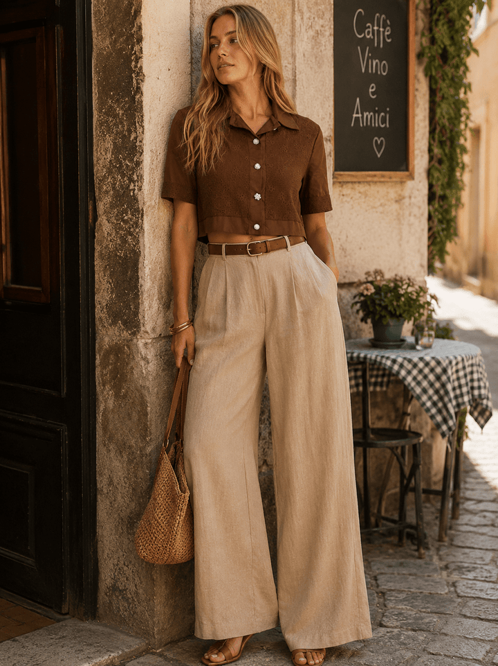 WOMEN'S SHORT SLEEVES BUTTON UP LACE DETAILED BLOUSE