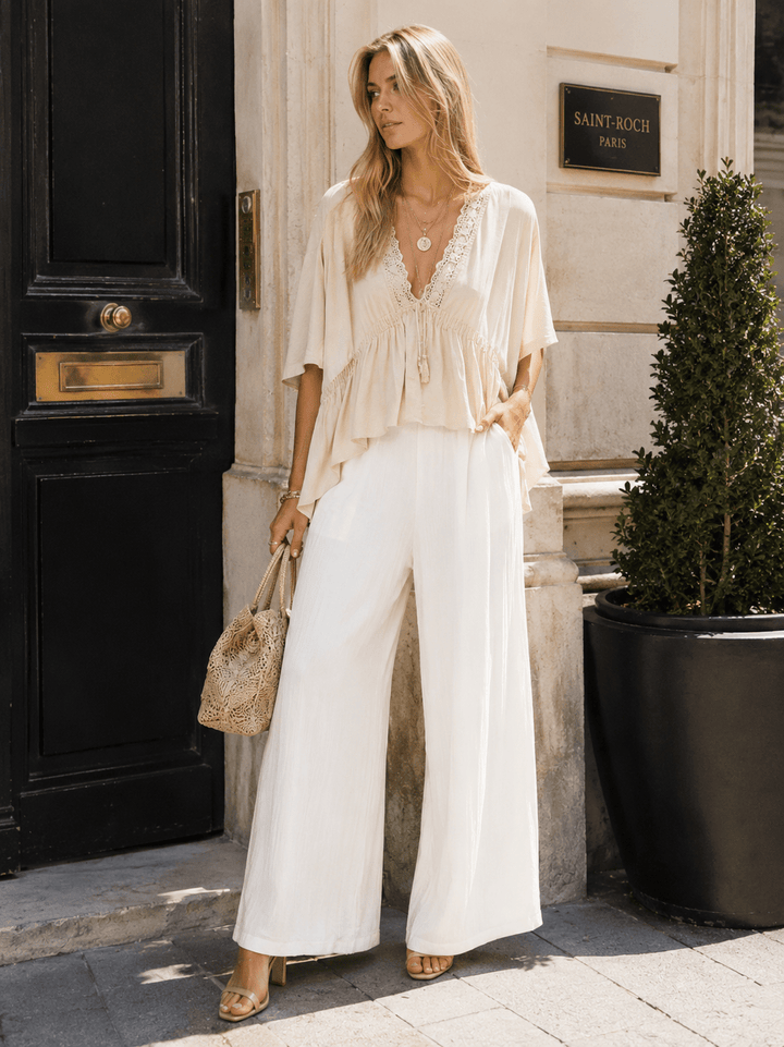 WOMEN'S ELASTIC WAIST FRONT POCKETS WIDE LEG PANTS