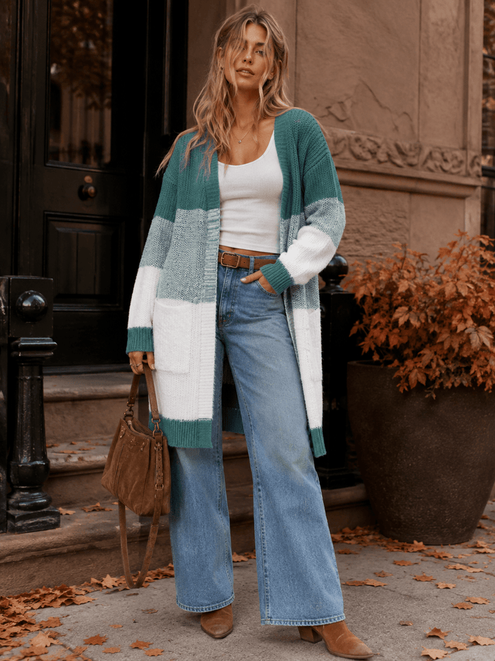 WOMEN'S LONG SLEEVE OPEN FRONT POCKETS COLORBLOCK CARDIGAN