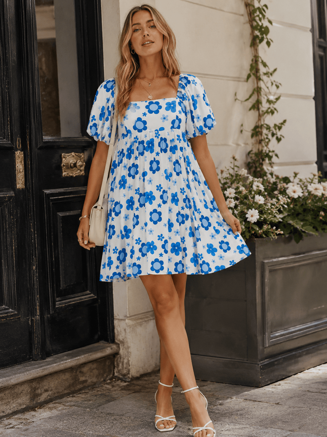 WOMEN'S SHORT SLEEVE SQUARE NECK FRONT POCKETS TUNIC FLORAL MINI DRESS